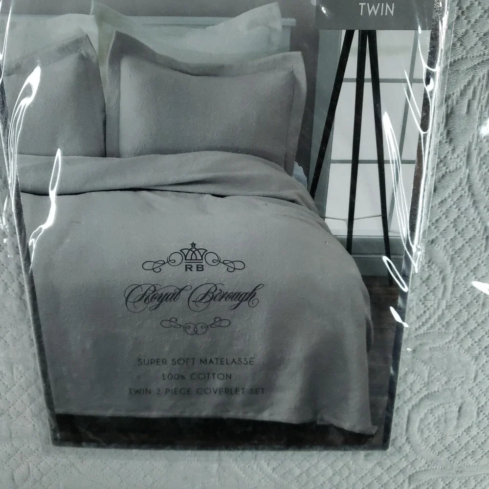 Royal Borough‎ Twin Coverlet Set 2-Piece Matelasse 100% Cotton Grey Oeko-Tex
